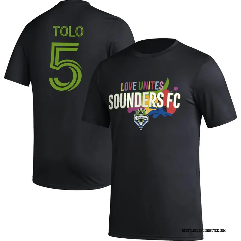 Men's Seattle Sounders FC ＃5 Nouhou Tolo Black Name & Number Love Unites T-Shirt