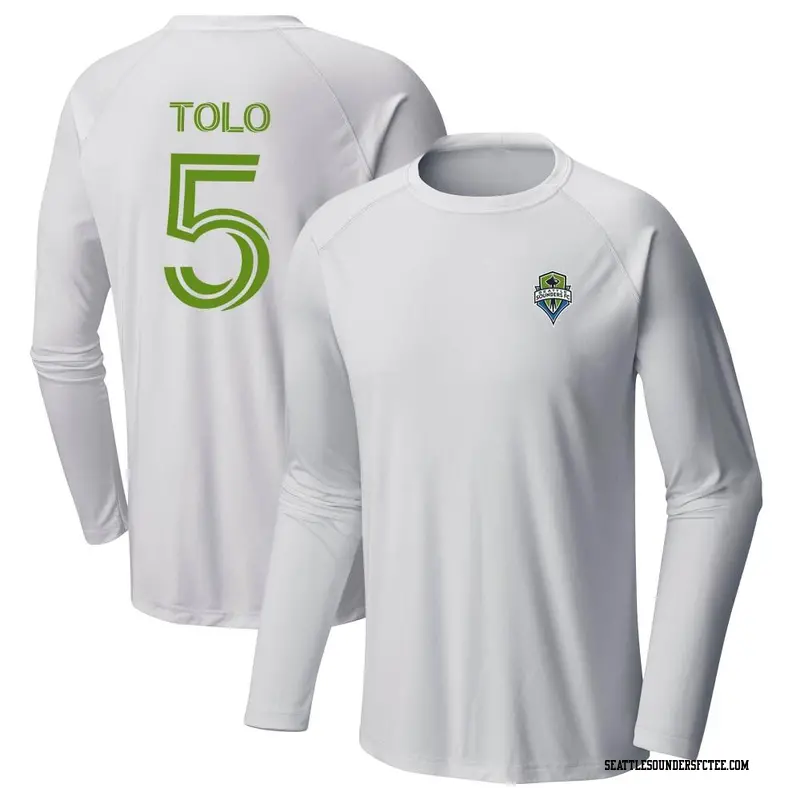 Men's Seattle Sounders FC ＃5 Nouhou Tolo White Name & Number Terminal Tackle Long Sleeve T-Shirt